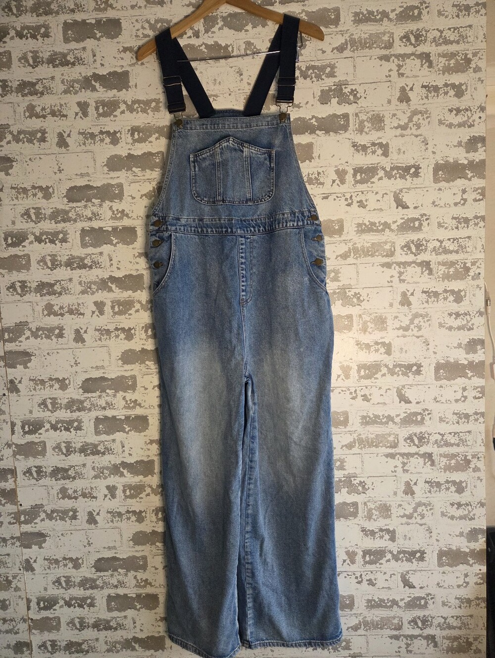 Cider Denim Wide Leg Overalls XL Navy Webbing Straps Mid Blue Jean Jumpsuit